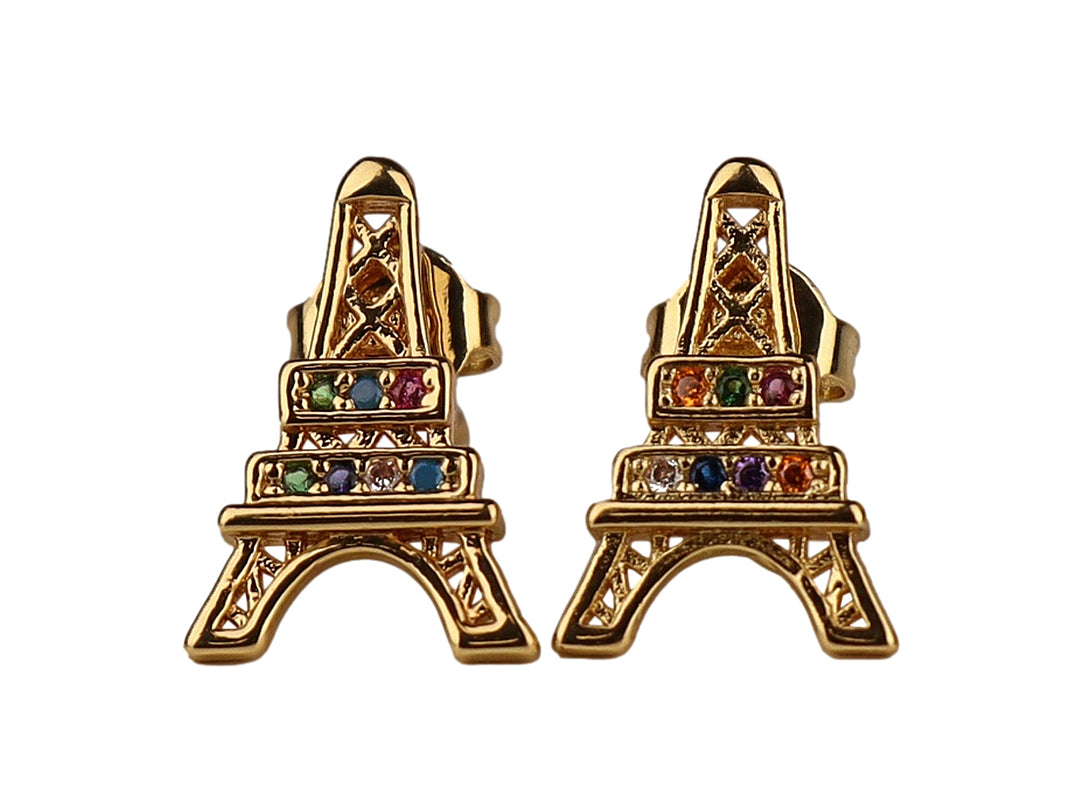 Par de pendientes dorados con forma de Torre Eiffel adornados con pequeñas piedras multicolores.