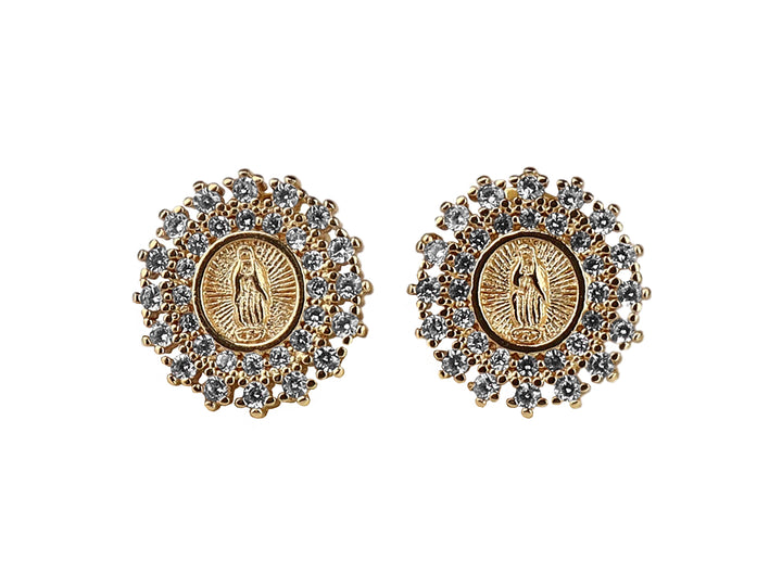 Par de pendientes dorados con imagen central de la Virgen María y borde de cristales brillantes.