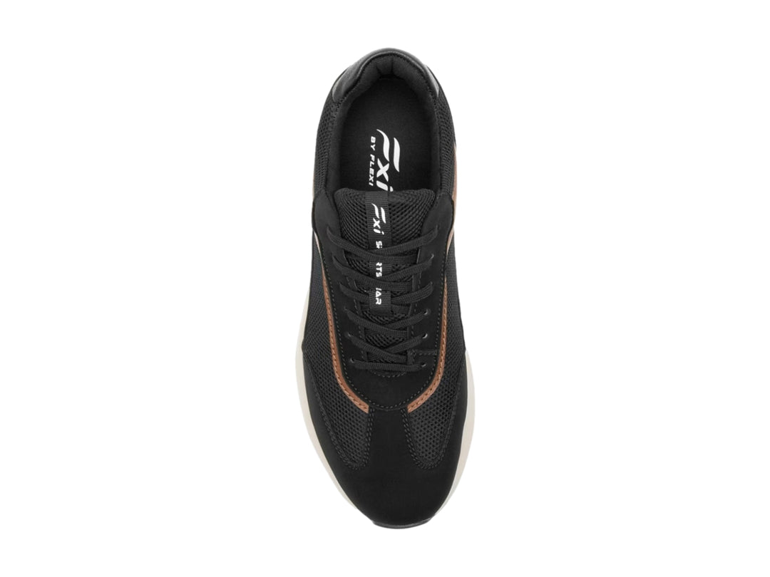 Tenis Flexi color negro con detalles en marrón y suela blanca gruesa.