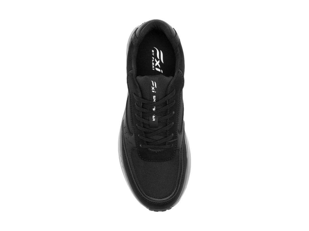 Tenis deportivos Flexi en color negro con suela blanca y gris, diseño casual y moderno.