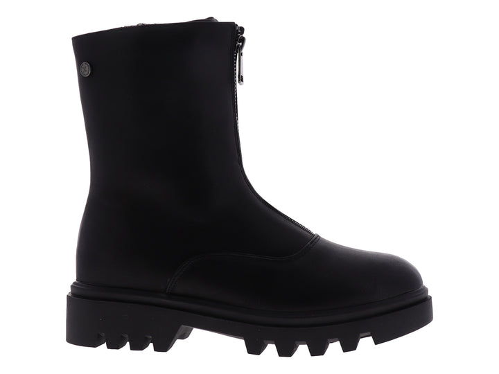 Bota negra de caña corta con suela track y cierre lateral.