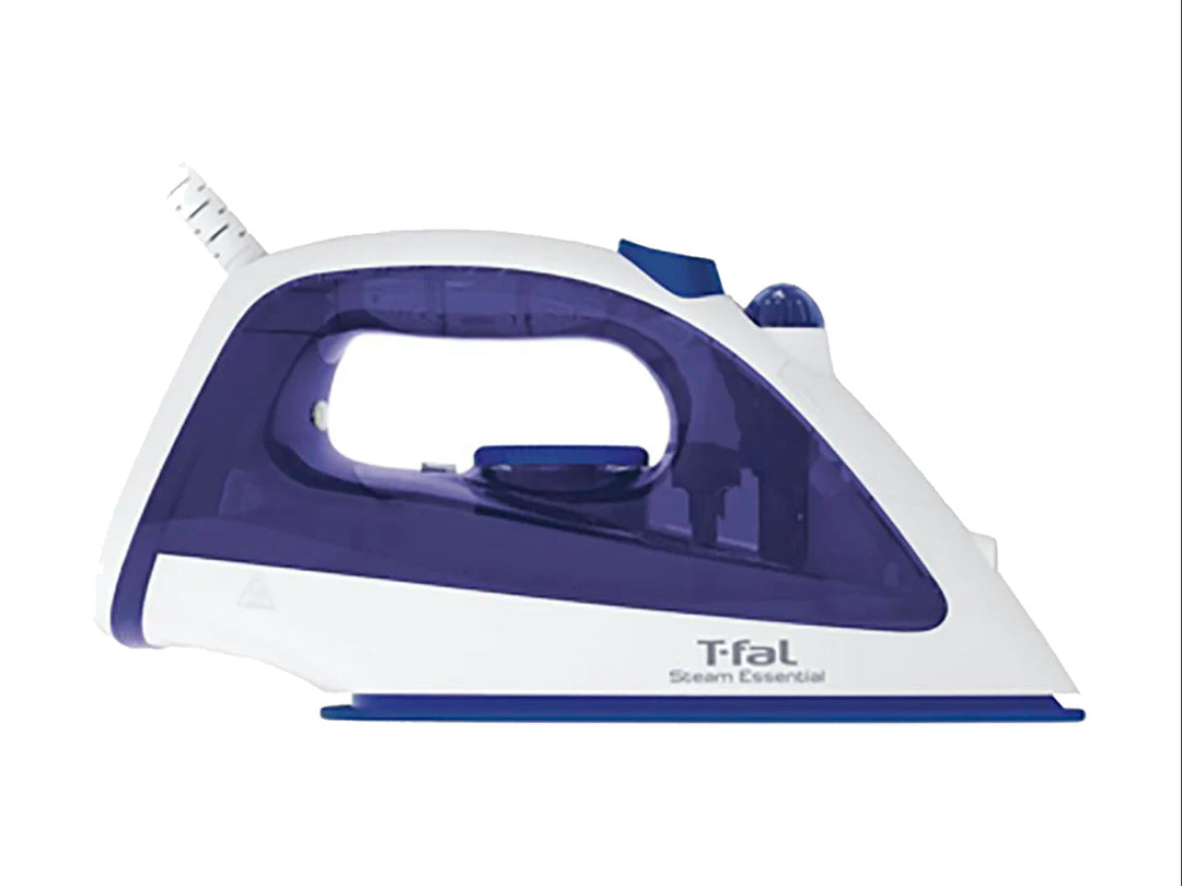 Plancha de vapor T-fal en colores blanco y lila con tanque de agua transparente.