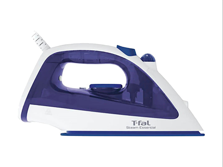Plancha de vapor T-fal en colores blanco y lila con tanque de agua transparente.