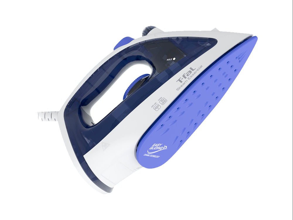 Plancha de vapor T-fal en colores blanco y lila con tanque de agua transparente.
