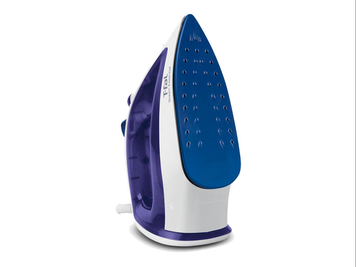 Plancha de vapor T-fal en colores blanco y lila con tanque de agua transparente.