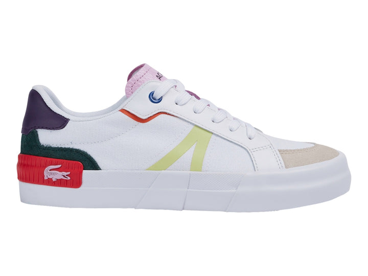 Tenis Lacoste blancos con detalles multicolores en rosa, morado, verde, rojo y amarillo.