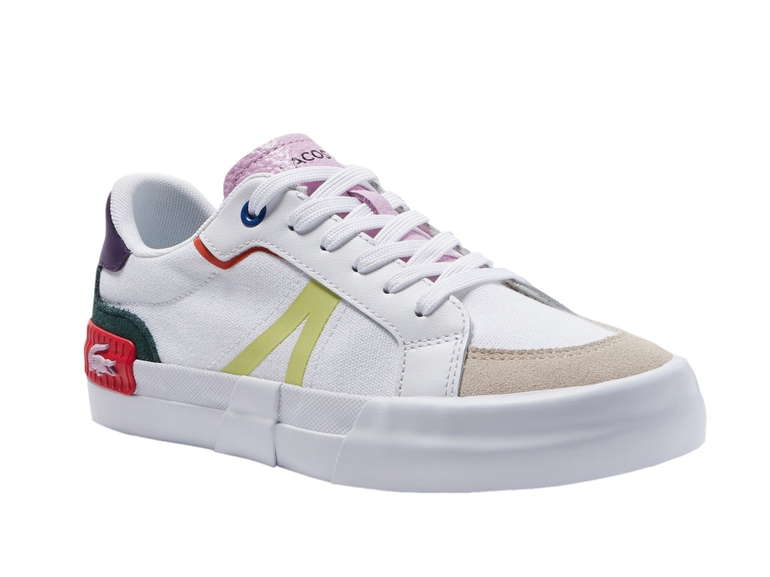 Tenis Lacoste blancos con detalles multicolores en rosa, morado, verde, rojo y amarillo.