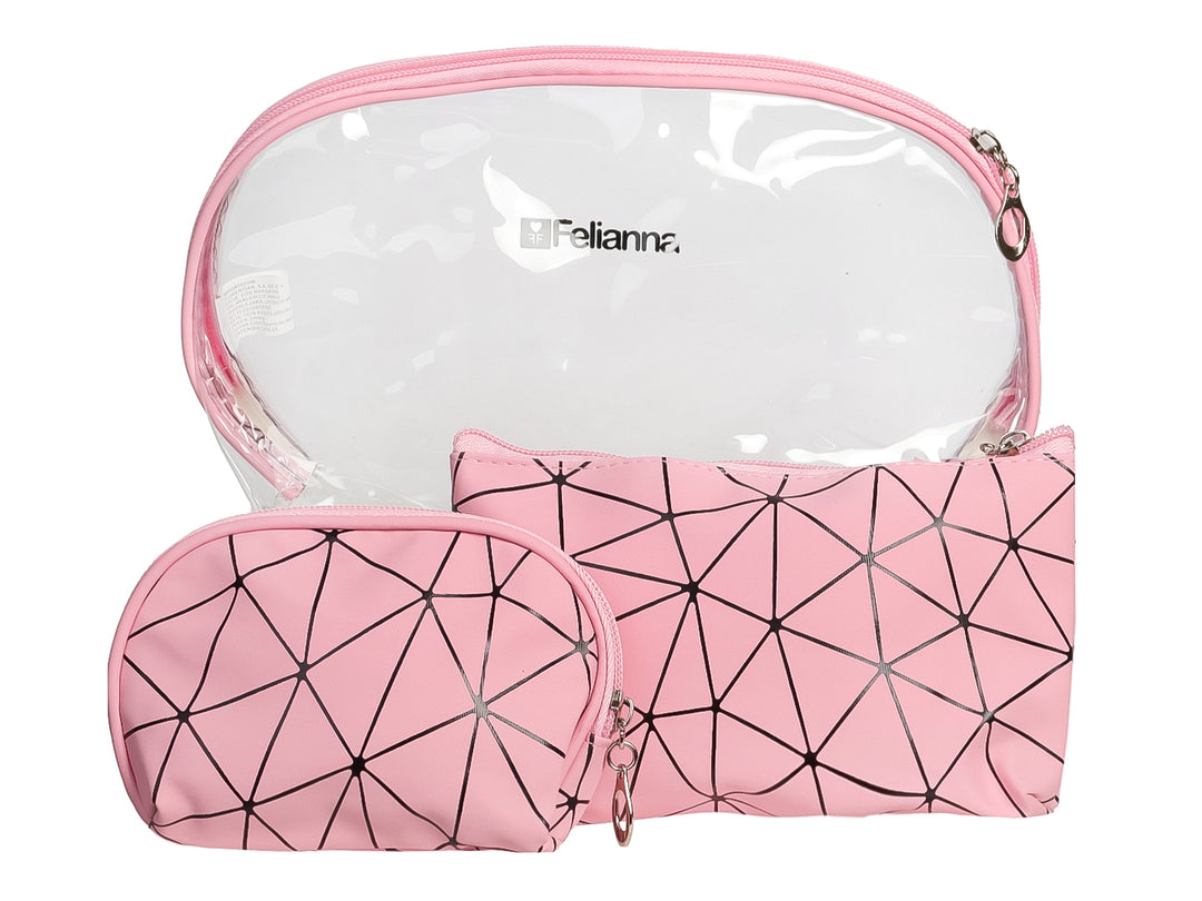 Set de tres cosmetiqueras Felianna en color rosa, una transparente y dos con estampado geométrico negro.