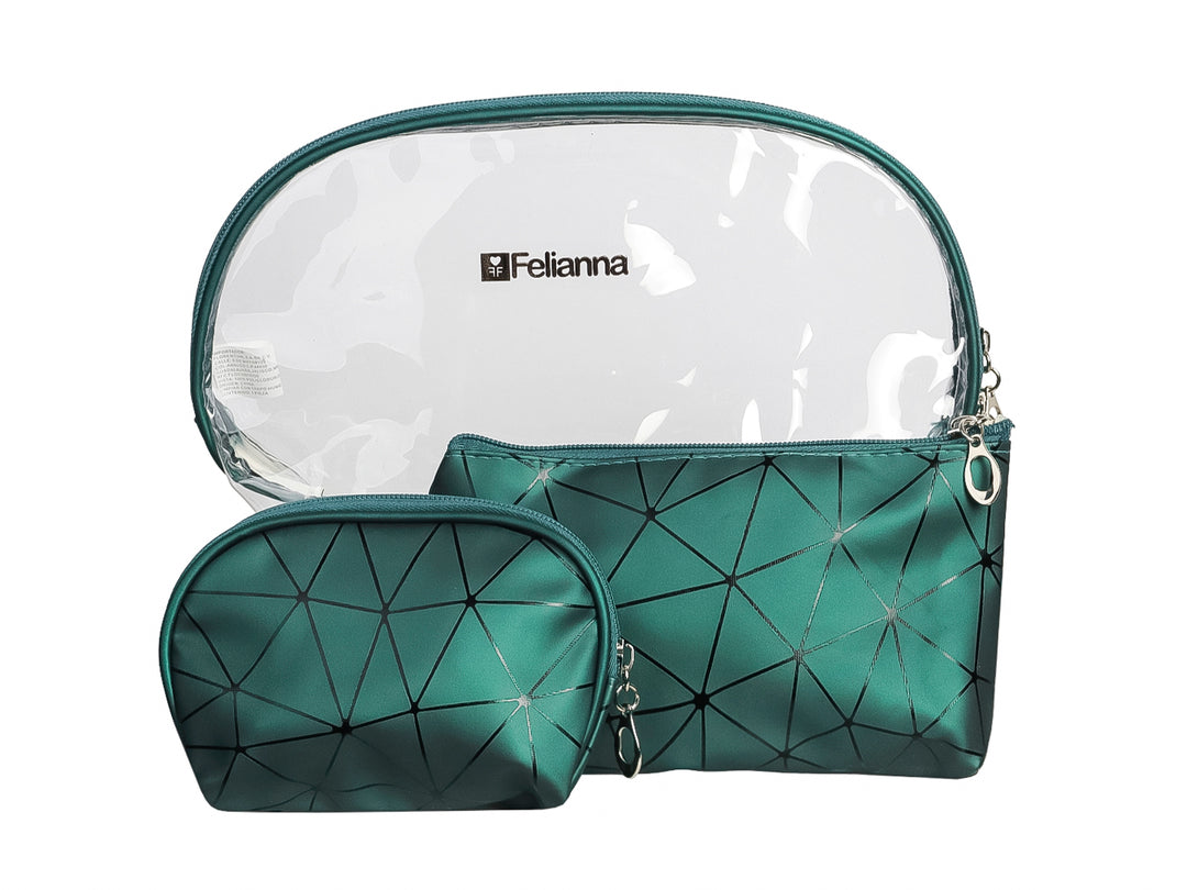 Set de tres cosmetiqueras Felianna en color verde con diseño geométrico y una bolsa transparente.
