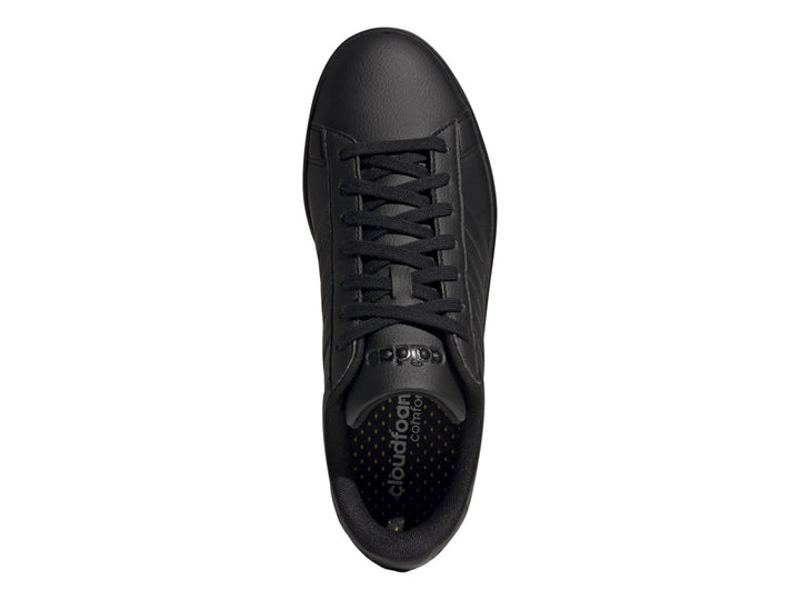 Tenis Adidas Grand Court 2.0 color negro total, vista lateral sobre fondo blanco.