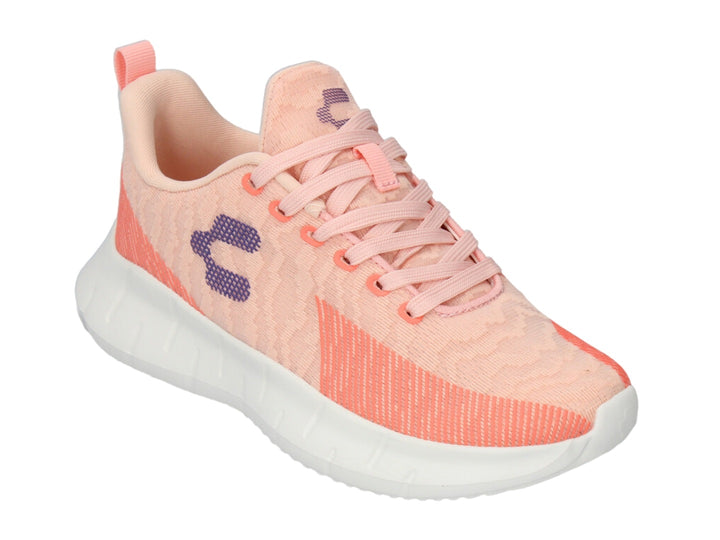 Tenis deportivos Charly color coral con suela blanca y detalles en lila, diseño ligero de tela.