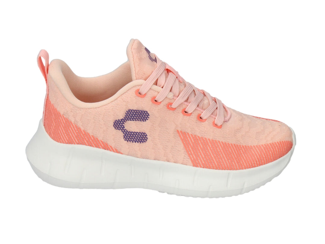 Tenis deportivos Charly color coral con suela blanca y detalles en lila, diseño ligero de tela.