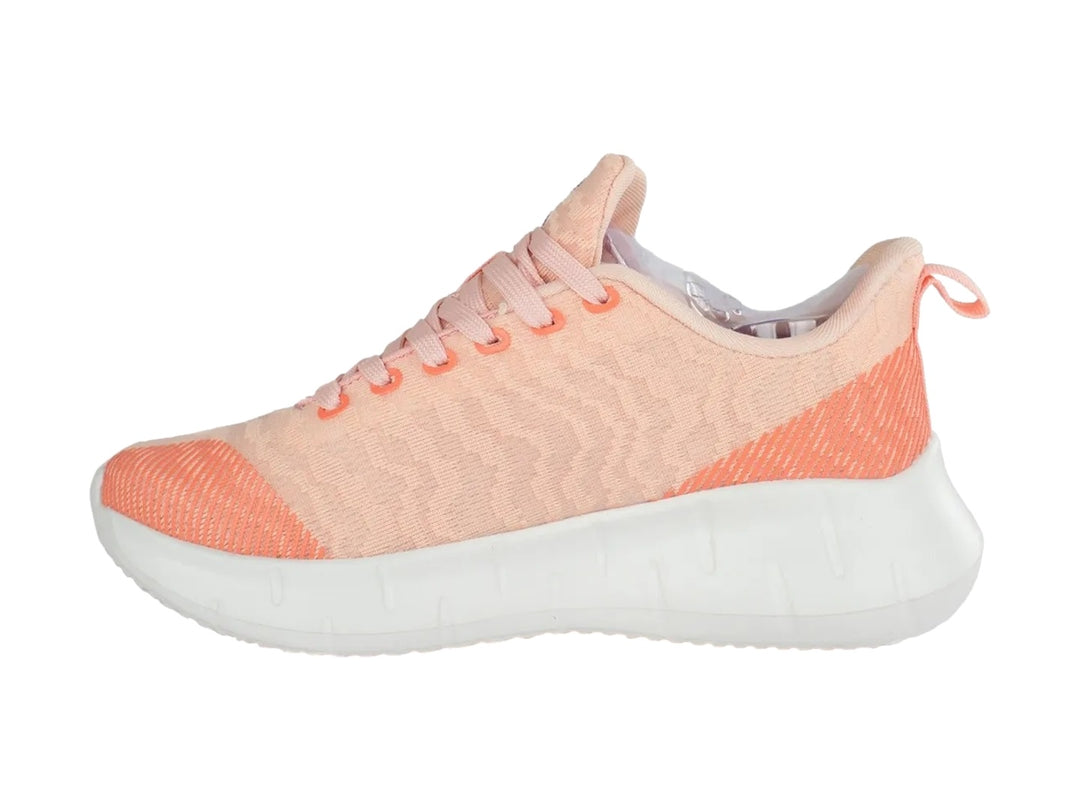 Tenis deportivos Charly color coral con suela blanca y detalles en lila, diseño ligero de tela.