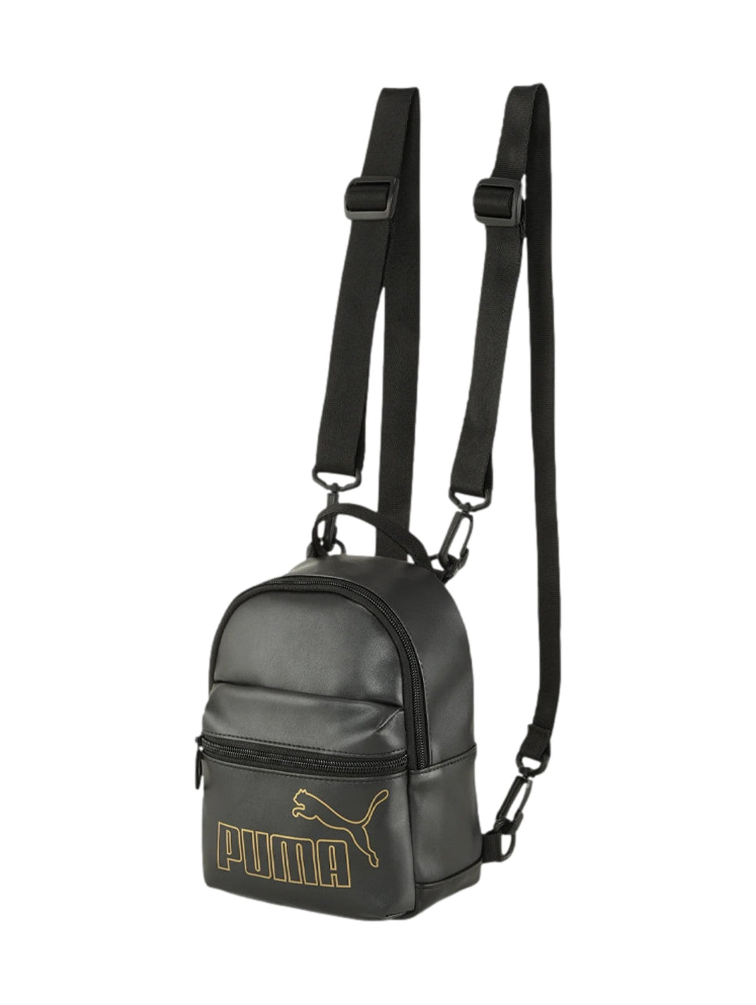Mini mochila PUMA color negro con acabado brillante y logotipo en color dorado frontal.