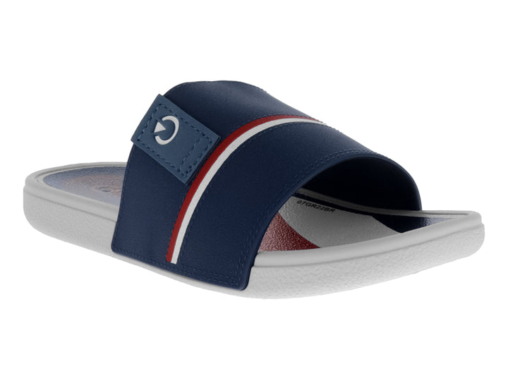 Sandalia tipo slide para niño en color azul marino con franjas blanca y roja y suela blanca.