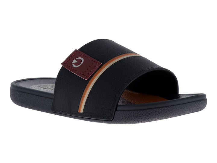 Sandalias Cartago color marrón con una franja naranja decorativa en la banda superior.