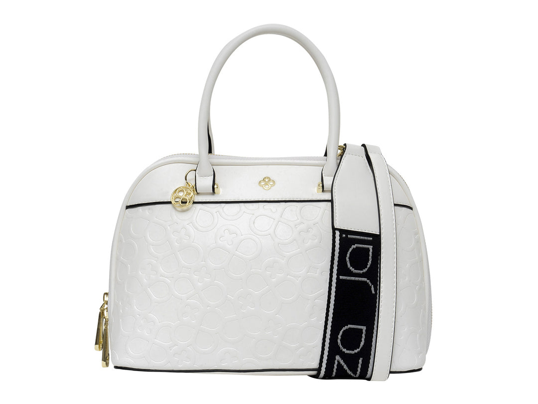 Bolso de hombro Jaime Ibiza color blanco con textura en relieve, asa corta y correa ancha con letras negras.