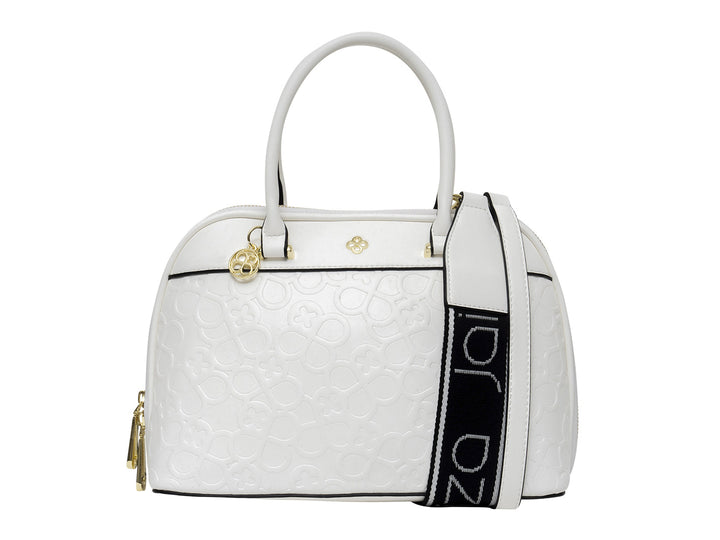 Bolso de hombro Jaime Ibiza color blanco con textura en relieve, asa corta y correa ancha con letras negras.