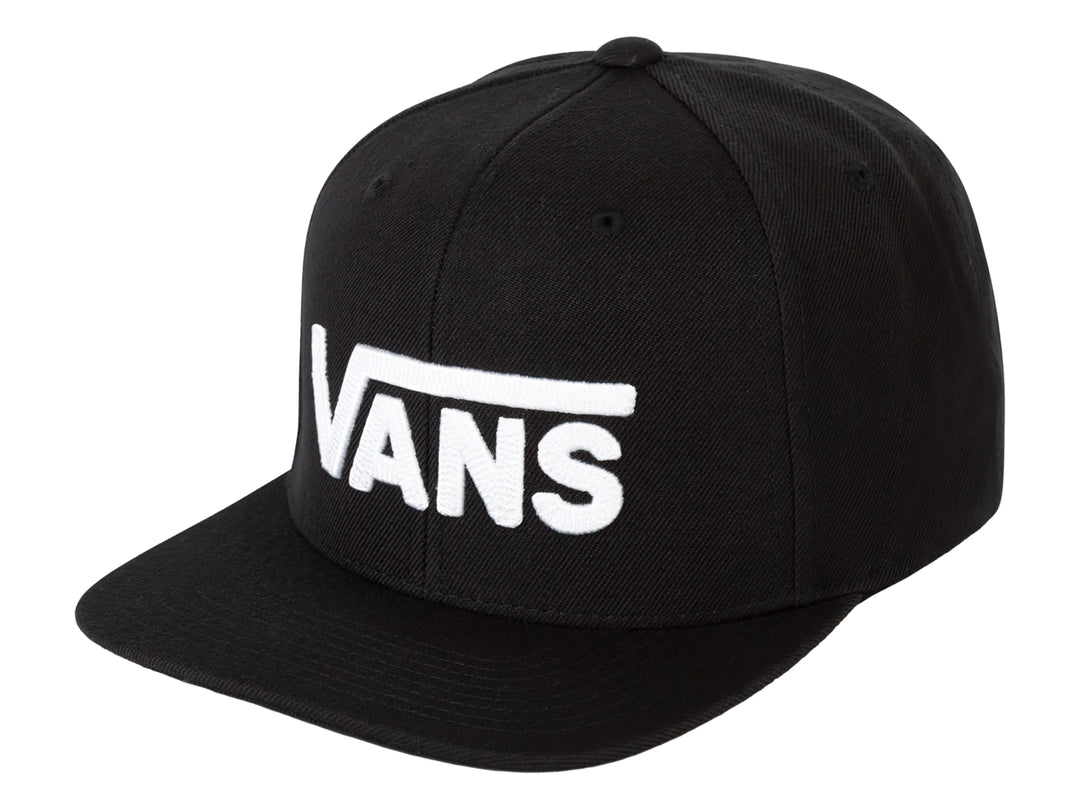 Gorra snapback de color negro con visera plana y logotipo de VANS en letras blancas en el frente.