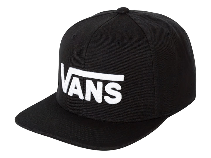 Gorra snapback de color negro con visera plana y logotipo de VANS en letras blancas en el frente.
