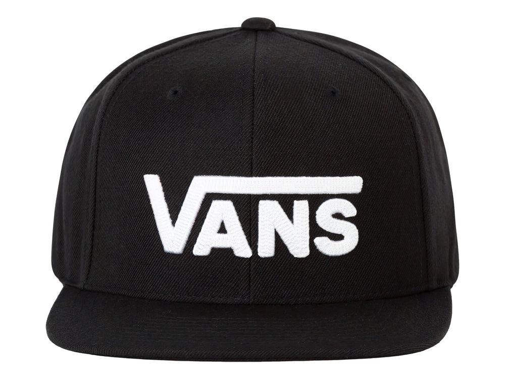 Gorra snapback de color negro con visera plana y logotipo de VANS en letras blancas en el frente.