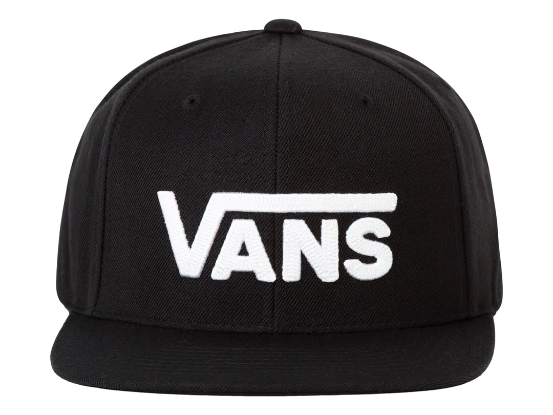 Gorra snapback de color negro con visera plana y logotipo de VANS en letras blancas en el frente.