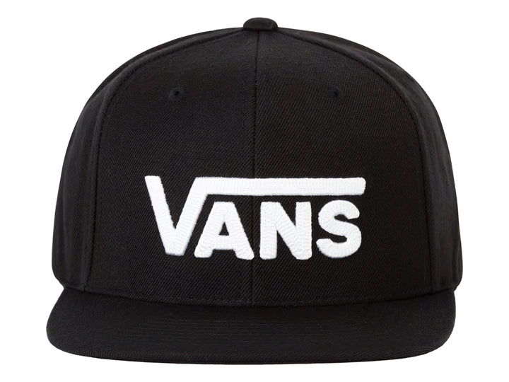 Gorra snapback de color negro con visera plana y logotipo de VANS en letras blancas en el frente.
