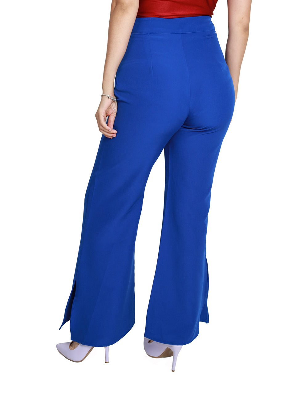 Pantalón campana color azul rey para mujer con cintura alta.