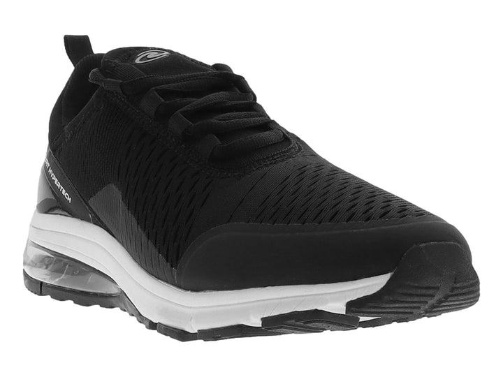 Tenis de baloncesto color negro con suela blanca y tejido transpirable.
