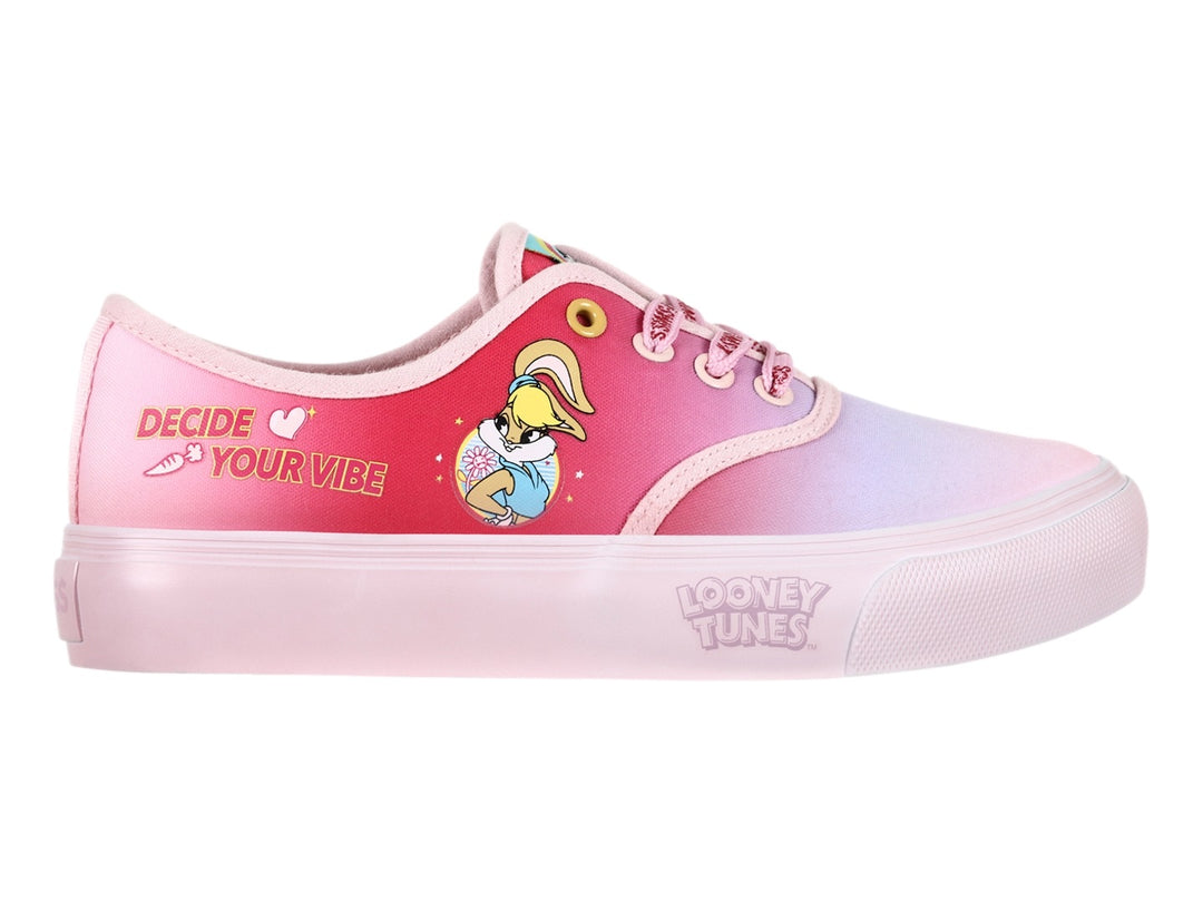 Tenis K-Swiss color rosa con degradado morado, diseño de Lola Bunny y frase Decide Your Vibe.