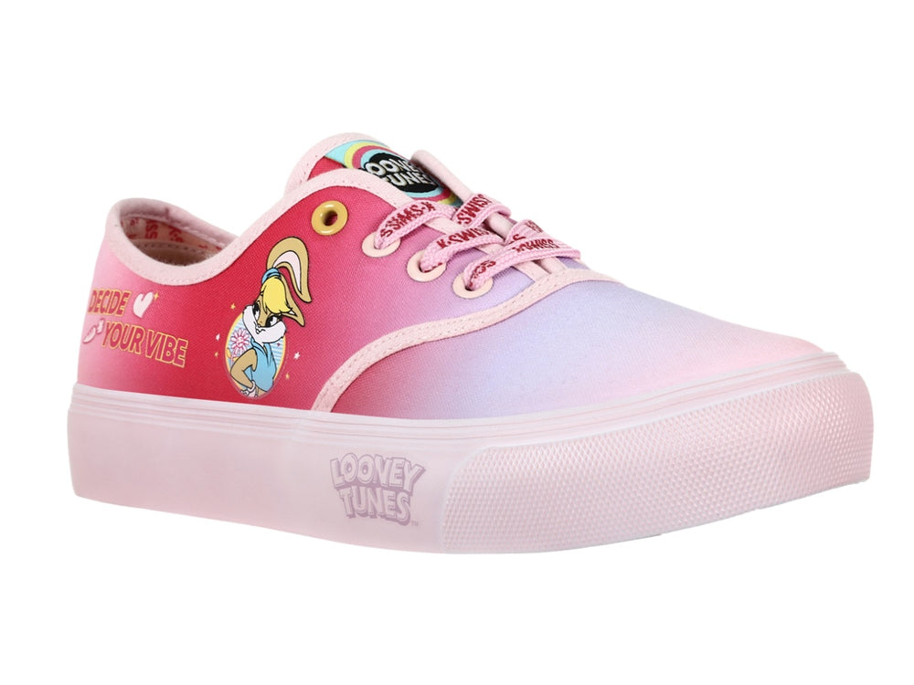 Tenis K-Swiss color rosa con degradado morado, diseño de Lola Bunny y frase Decide Your Vibe.