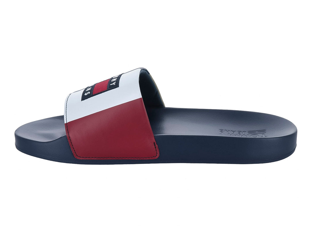 Sandalia slide Tommy Hilfiger para hombre en color azul marino y beige.