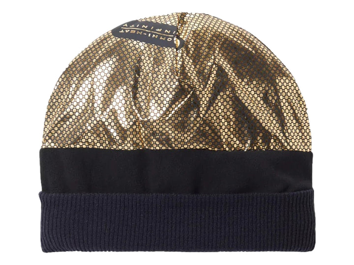 Gorro Columbia multicolor con estampado abstracto en tonos azul y rosa, rematado con un pompón rosa brillante.