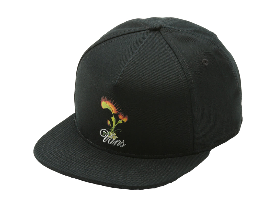 Gorra snapback Vans de color negro con bordado de flor colorida en el frente y visera plana.