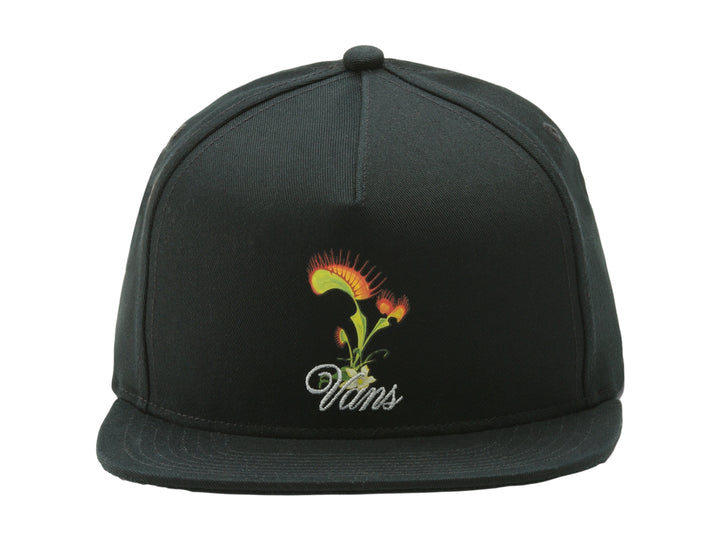 Gorra snapback Vans de color negro con bordado de flor colorida en el frente y visera plana.