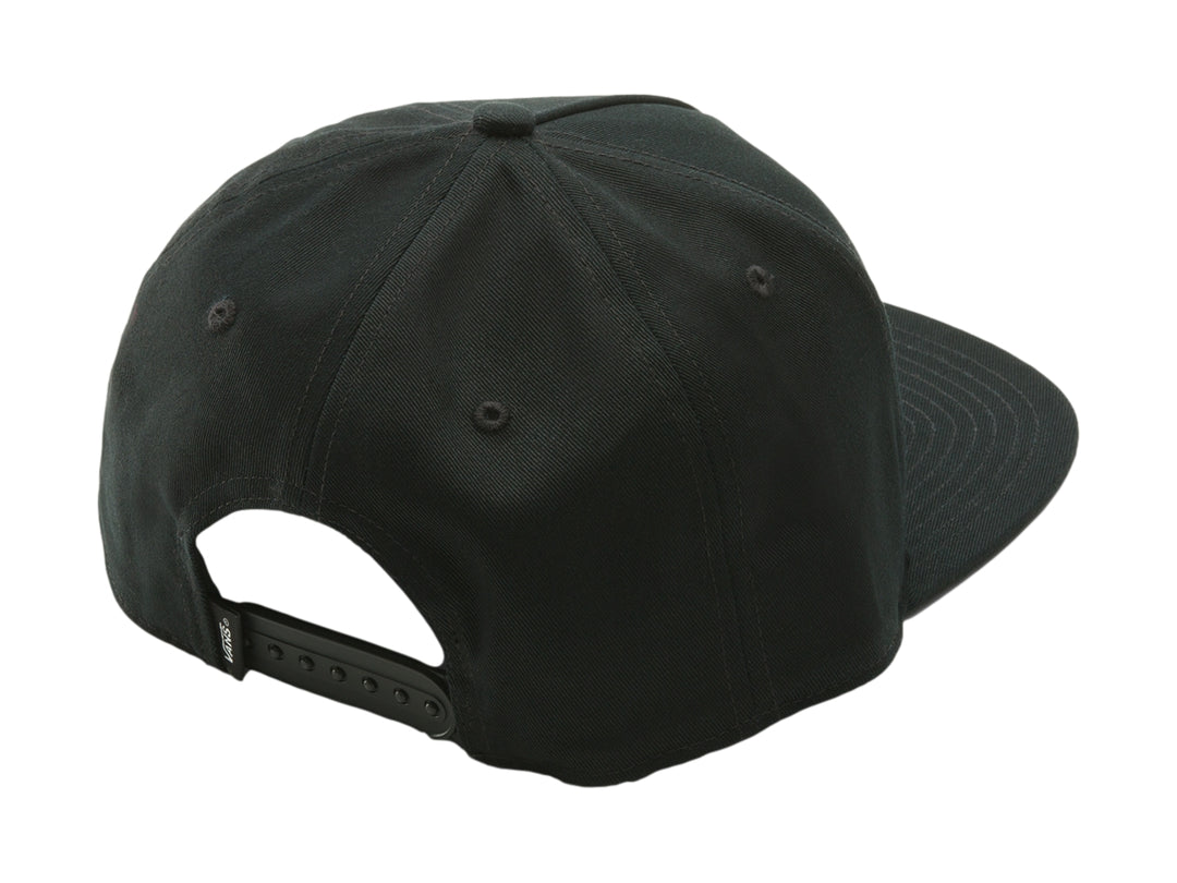 Gorra snapback Vans de color negro con bordado de flor colorida en el frente y visera plana.