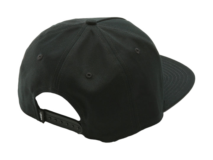 Gorra snapback Vans de color negro con bordado de flor colorida en el frente y visera plana.