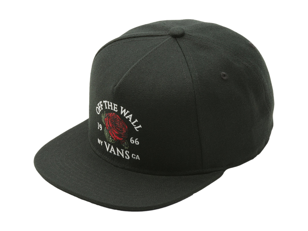 Gorra snapback negra de marca Vans con bordado frontal de una rosa roja y texto blanco.