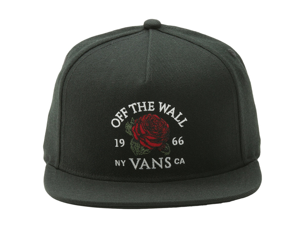 Gorra snapback negra de marca Vans con bordado frontal de una rosa roja y texto blanco.