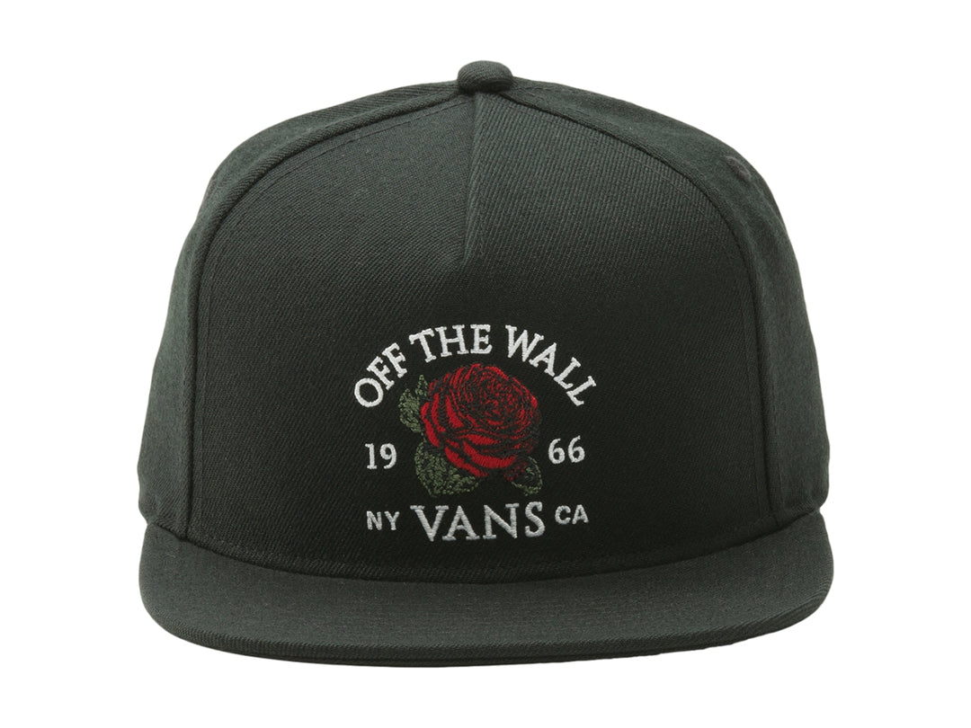 Gorra snapback negra de marca Vans con bordado frontal de una rosa roja y texto blanco.