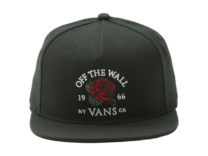 Gorra snapback negra de marca Vans con bordado frontal de una rosa roja y texto blanco.