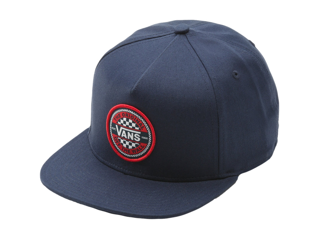 Gorra VANS snapback color azul marino con visera plana y parche circular rojo y blanco en el frente.