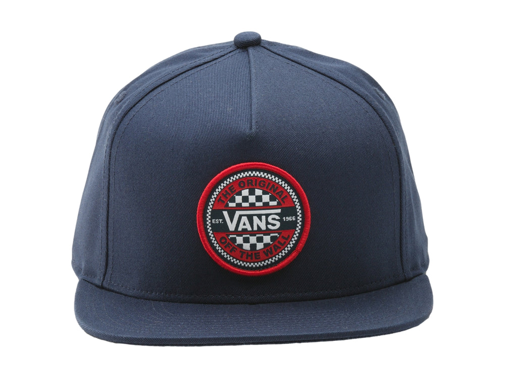 Gorra VANS snapback color azul marino con visera plana y parche circular rojo y blanco en el frente.
