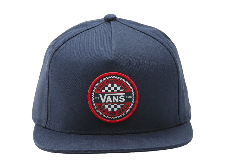 Gorra VANS snapback color azul marino con visera plana y parche circular rojo y blanco en el frente.