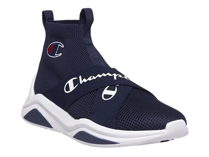 Tenis deportivos Champion Legend X Over color azul marino con suela blanca y diseño sin agujetas.