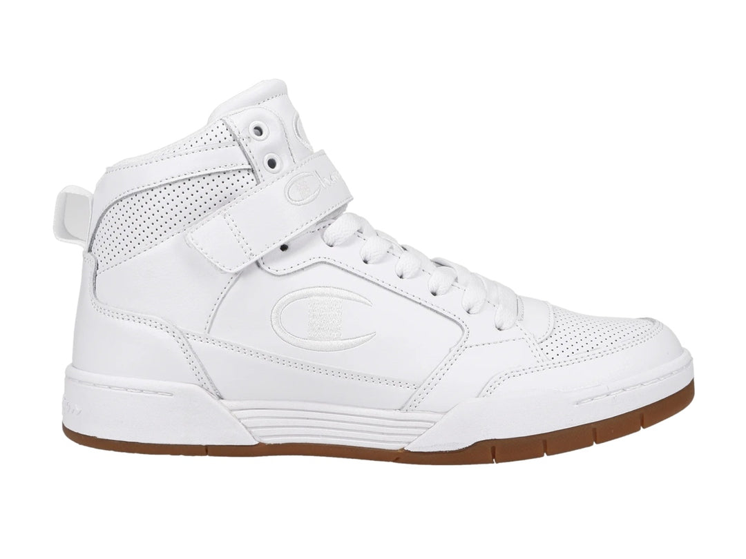 Tenis Champion Arena Power HI blancos con suela color goma y corte de bota alta.