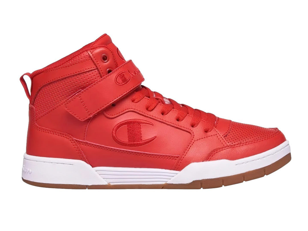 Tenis Champion color rojo estilo bota alta con suela blanca y café, incluye correa ajustable en el tobillo.