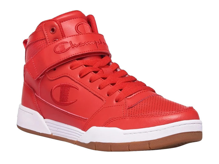 Tenis Champion color rojo estilo bota alta con suela blanca y café, incluye correa ajustable en el tobillo.