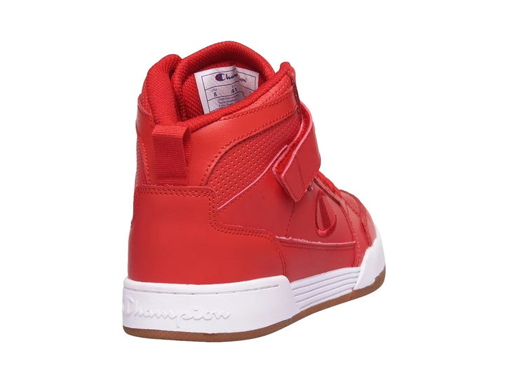 Tenis Champion color rojo estilo bota alta con suela blanca y café, incluye correa ajustable en el tobillo.