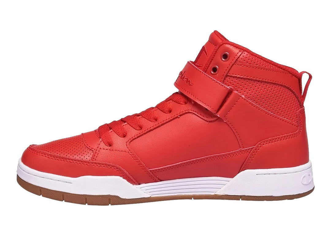 Tenis Champion color rojo estilo bota alta con suela blanca y café, incluye correa ajustable en el tobillo.